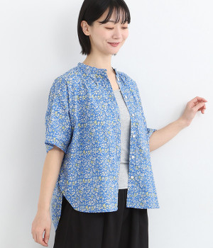 コットン 小花柄プリント前開きブラウス(ブルー-ONESIZE)