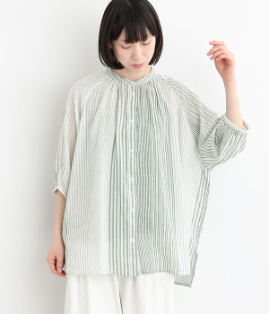 コットン ストライプ6分丈チュニックブラウス(グリーン-ONESIZE)