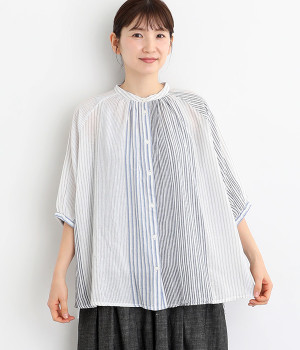 コットン ストライプ6分丈チュニックブラウス(ネイビー-ONESIZE)