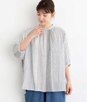 コットン ストライプ6分丈チュニックブラウス(ブラック-ONESIZE)