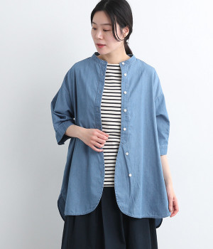 デニム バンドカラーチュニックシャツ(ブルー-ONESIZE)