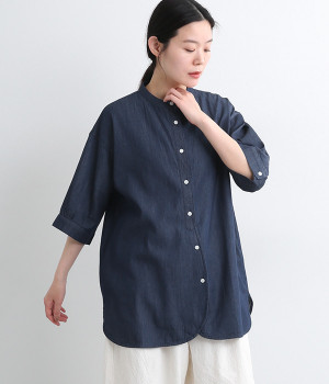 デニム バンドカラーチュニックシャツ(ネイビー-ONESIZE)