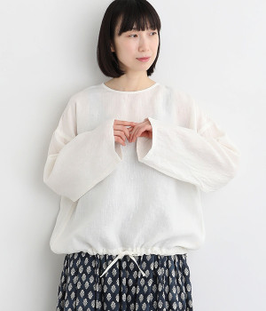 リネン　裾ドロストブラウス(ホワイト-ONESIZE)