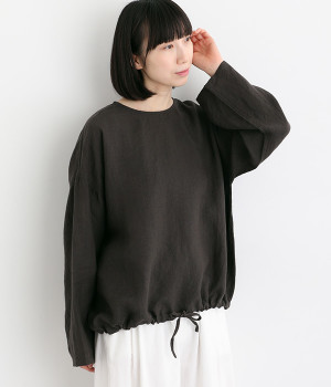 リネン　裾ドロストブラウス(ダークグレー-ONESIZE)