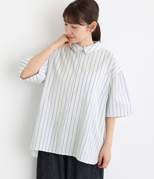 40コットン 強撚ウェザー先染めストライプシャツ(ブルー-ONESIZE)