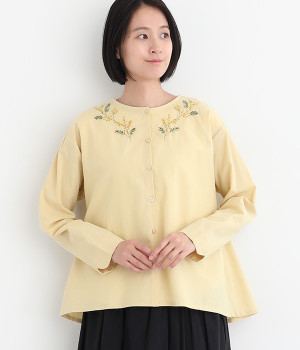 ミモザ刺繍 前開きブラウス(イエロー-ONESIZE)