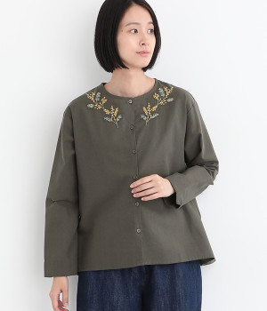 ミモザ刺繍 前開きブラウス(チャコール-ONESIZE)
