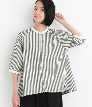 布帛ストライプアソート ラグラン前あきブラウス(グレー-ONESIZE)