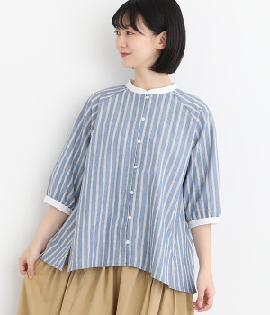 布帛ストライプアソート ラグラン前あきブラウス(ブルー-ONESIZE)