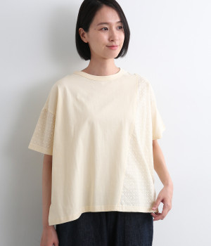 コットン布帛 パッチワーク5分袖Tシャツ(アイボリー-ONESIZE)