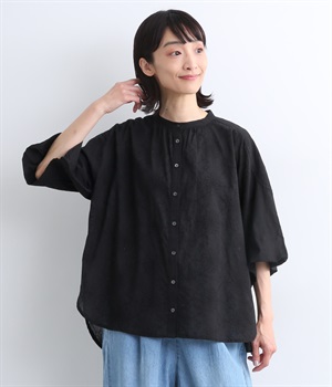 コットン シフリー刺繍5分袖ブラウス(ブラック-ONESIZE)