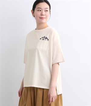 コットン天竺 ポケット付き 花柄刺繍カットソー(杢アイボリー-ONESIZE)