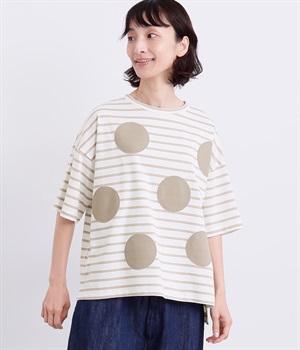 コットン天竺 ボーダー布帛ドットTシャツ(ベージュ-ONESIZE)