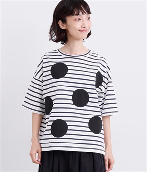 コットン天竺 ボーダー布帛ドットTシャツ(ネイビー-ONESIZE)