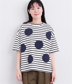 コットン天竺 ボーダー布帛ドットTシャツ(ブラック-ONESIZE)