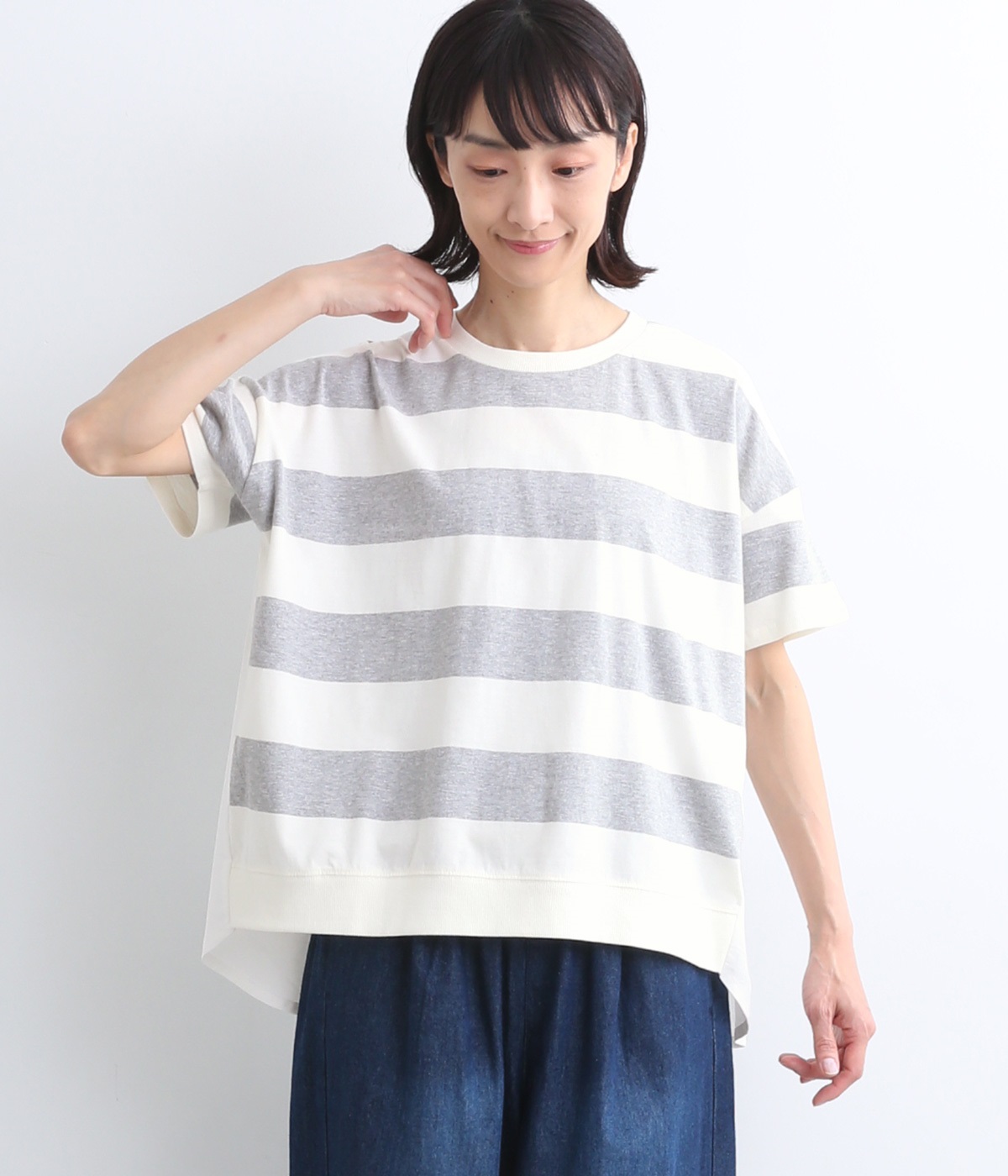 コットン天竺 ボーダー布帛切替カットソー(杢ライトグレー-ONESIZE)