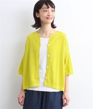 DRYタッチ強撚コットン  5分袖ニットカーディガン(イエロー-ONESIZE)
