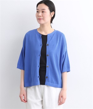 DRYタッチ強撚コットン  5分袖ニットカーディガン(ブルー-ONESIZE)