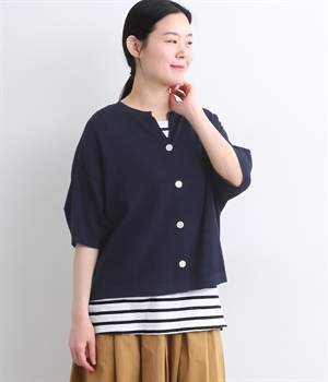 DRYタッチ強撚コットン  5分袖ニットカーディガン(ネイビー-ONESIZE)