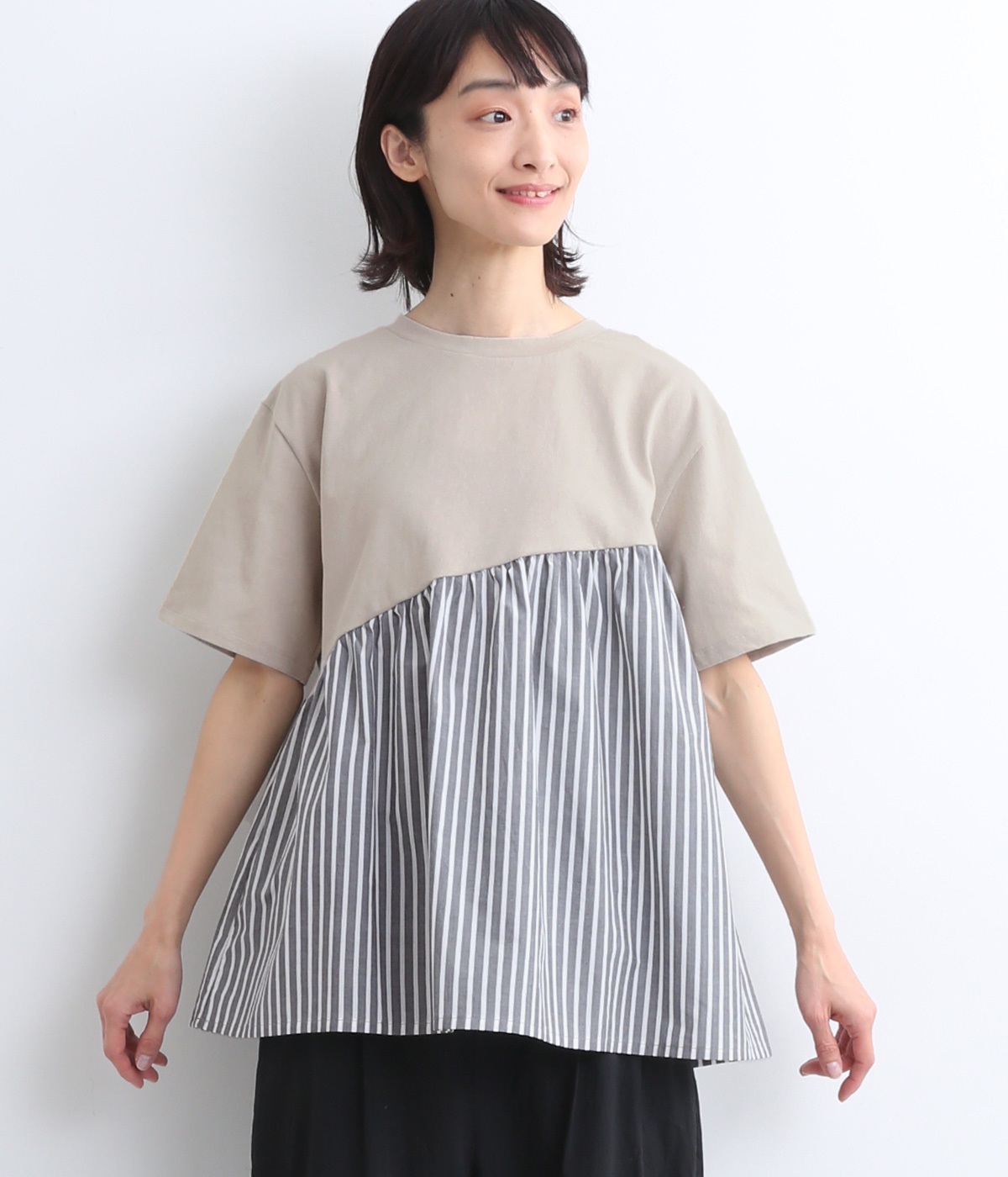 コットン天竺 布帛切替5分袖ギャザーチュニック(グレーストライプ-ONESIZE)