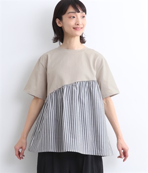 コットン天竺 布帛切替5分袖ギャザーチュニック(グレーストライプ-ONESIZE)