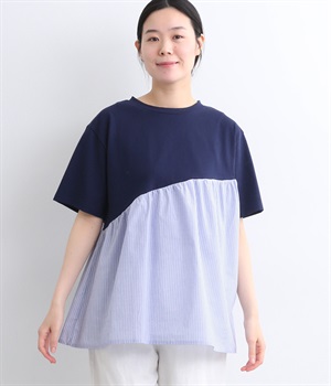 コットン天竺 布帛切替5分袖ギャザーチュニック(ネイビーストライプ-ONESIZE)