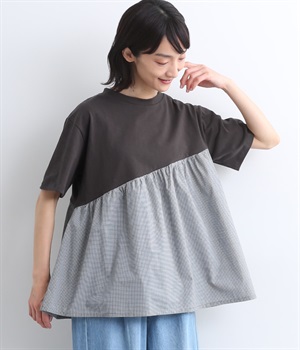 コットン天竺 布帛切替5分袖ギャザーチュニック(チャコールギンガム-ONESIZE)