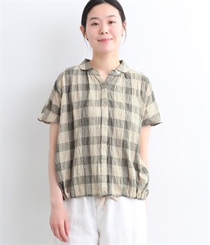 柄アソート フレンチ袖前開きブラウス(ベージュチェック-ONESIZE)