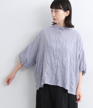 コットン 前あき6分袖バルーンスリーブブラウス(ブルー-ONESIZE)