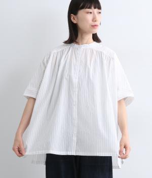 コットンボイル 柄アソートヨークギャザーチュニックブラウス(アイボリーストライプ-ONESIZE)
