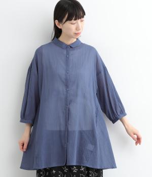 楊柳布帛 チビ襟7分袖チュニックブラウス(ブルー-ONESIZE)