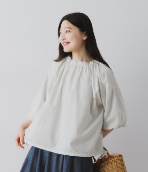 リップル加工 ７分バルーンスリーブブラウス(アイスグレー-ONESIZE)