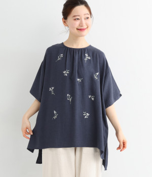 フラワークロスステッチ 5分袖チュニック(ネイビー-ONESIZE)