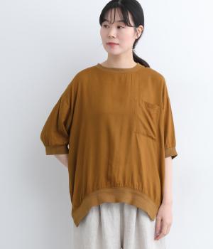 リネン混 リブコンビプルオーバーブラウス(キャメル-ONESIZE)