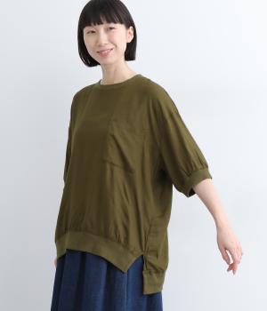 リネン混 リブコンビプルオーバーブラウス(カーキ-ONESIZE)