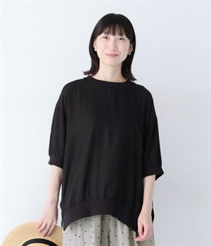 リネン混 リブコンビプルオーバーブラウス(ブラック-ONESIZE)