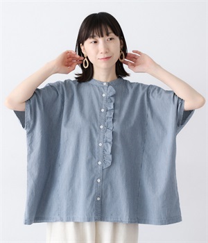 3.8oz布帛デニム 前立てフリル ドルマンスリーブブラウス(ヒッコリー-ONESIZE)