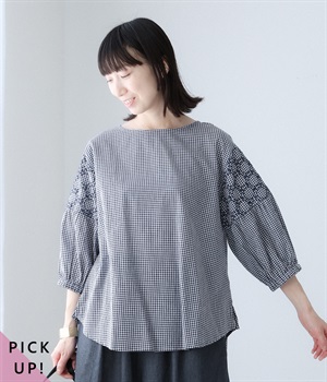 先染め60コットン サークルドット7分袖チュニックブラウス(ネイビーギンガム-ONESIZE)