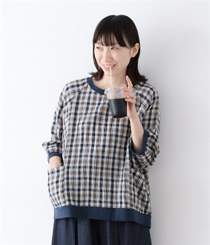 コットン チェック柄リブブラウス(ネイビー-ONESIZE)