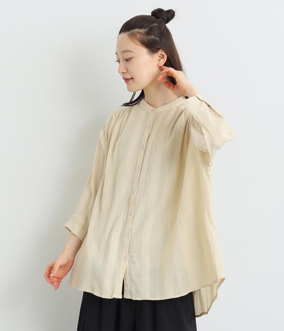 コットン フラワージャカード7分袖ブラウス(ベージュ-ONESIZE)