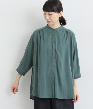 コットン フラワージャカード7分袖ブラウス(ブルーグリーン-ONESIZE)