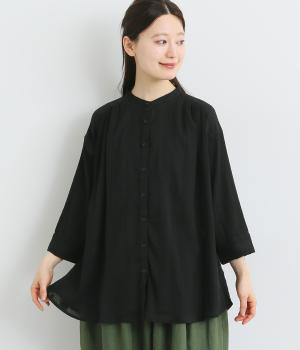 コットン フラワージャカード7分袖ブラウス(ブラック-ONESIZE)