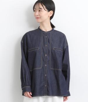 デニム・先染ツイルバンドカラーワークブラウス(ネイビー-ONESIZE)