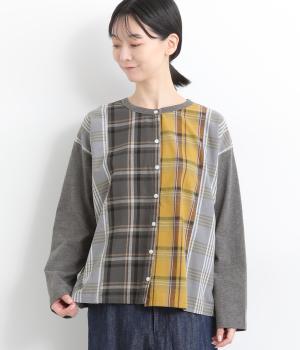 コットン布帛 パッチワークカーディガン(ダークグレー杢-ONESIZE)