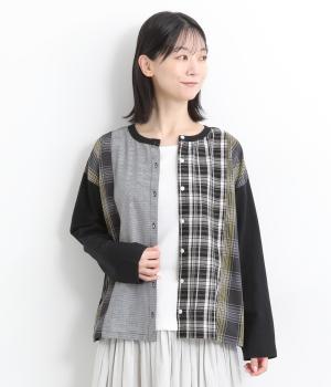 コットン布帛 パッチワークカーディガン(ブラック-ONESIZE)
