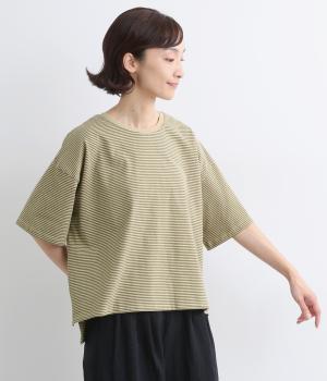 OEコットン天竺 ボーダーゆったりTシャツ(カーキ-ONESIZE)