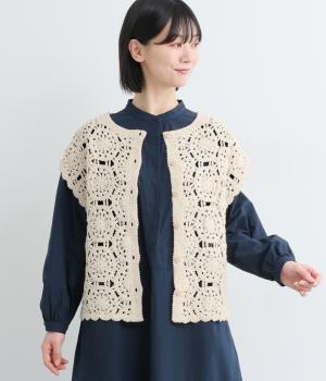 クロシェ風機械編みニット無地フレンチスリーブ2wayニットベスト