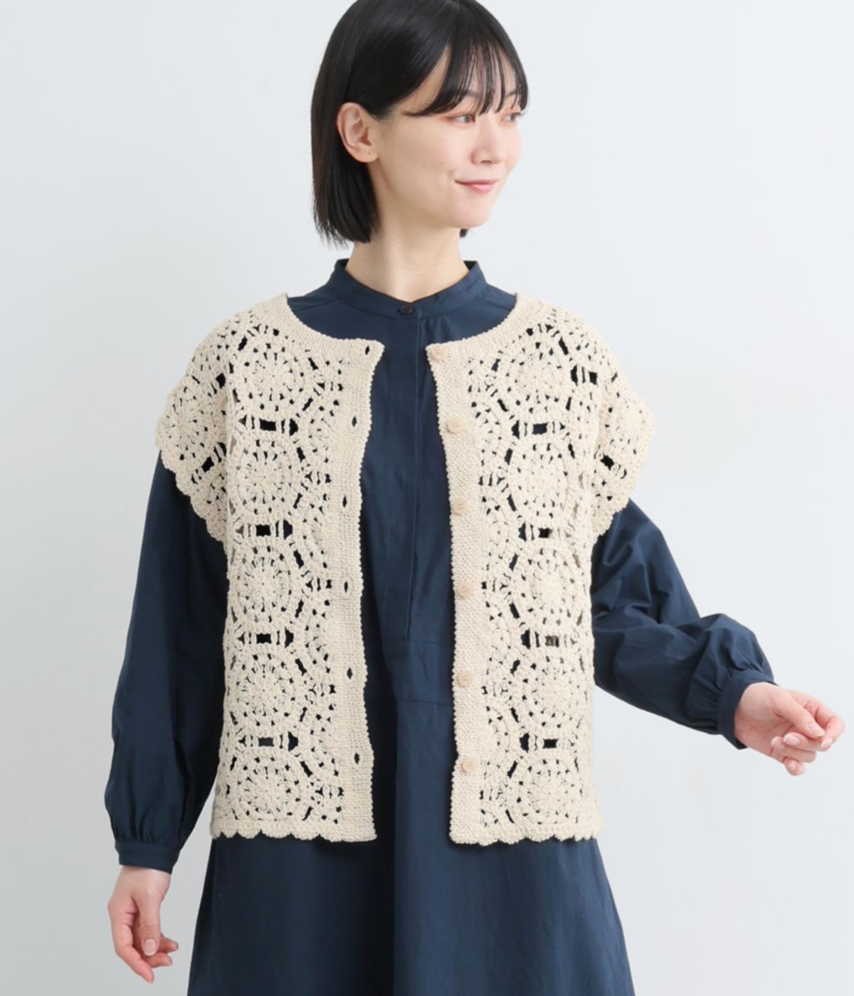 クロシェ風機械編みニット無地フレンチスリーブ2wayニットベスト(アイボリー-F)
