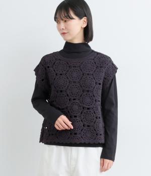 クロシェ風機械編みニット無地フレンチスリーブ2wayニットベスト(チャコールグレー-F)