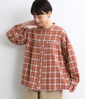 コットンリネンレーヨンチェック柄ブラウス(レッド-F)